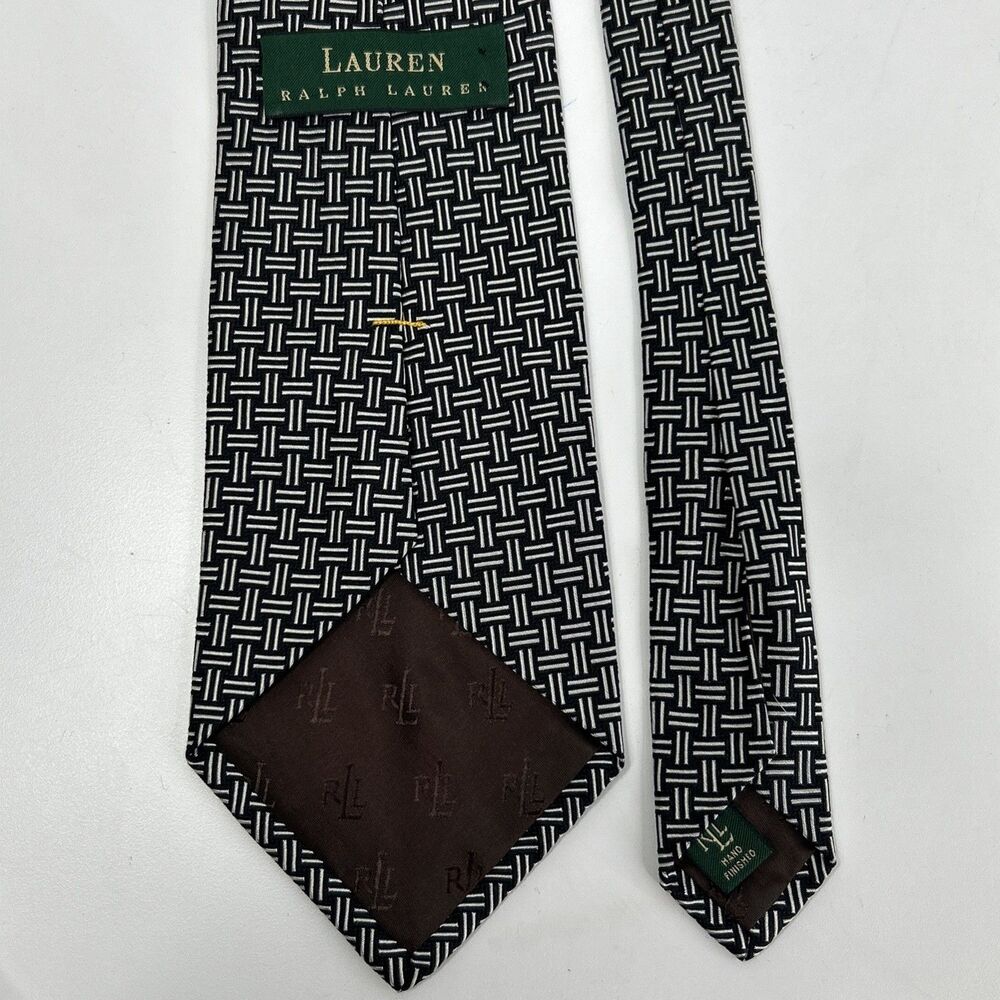 Lauren Ralph Lauren Neck Tie 100% Silk Black White Geometric Weave Hand Made USA